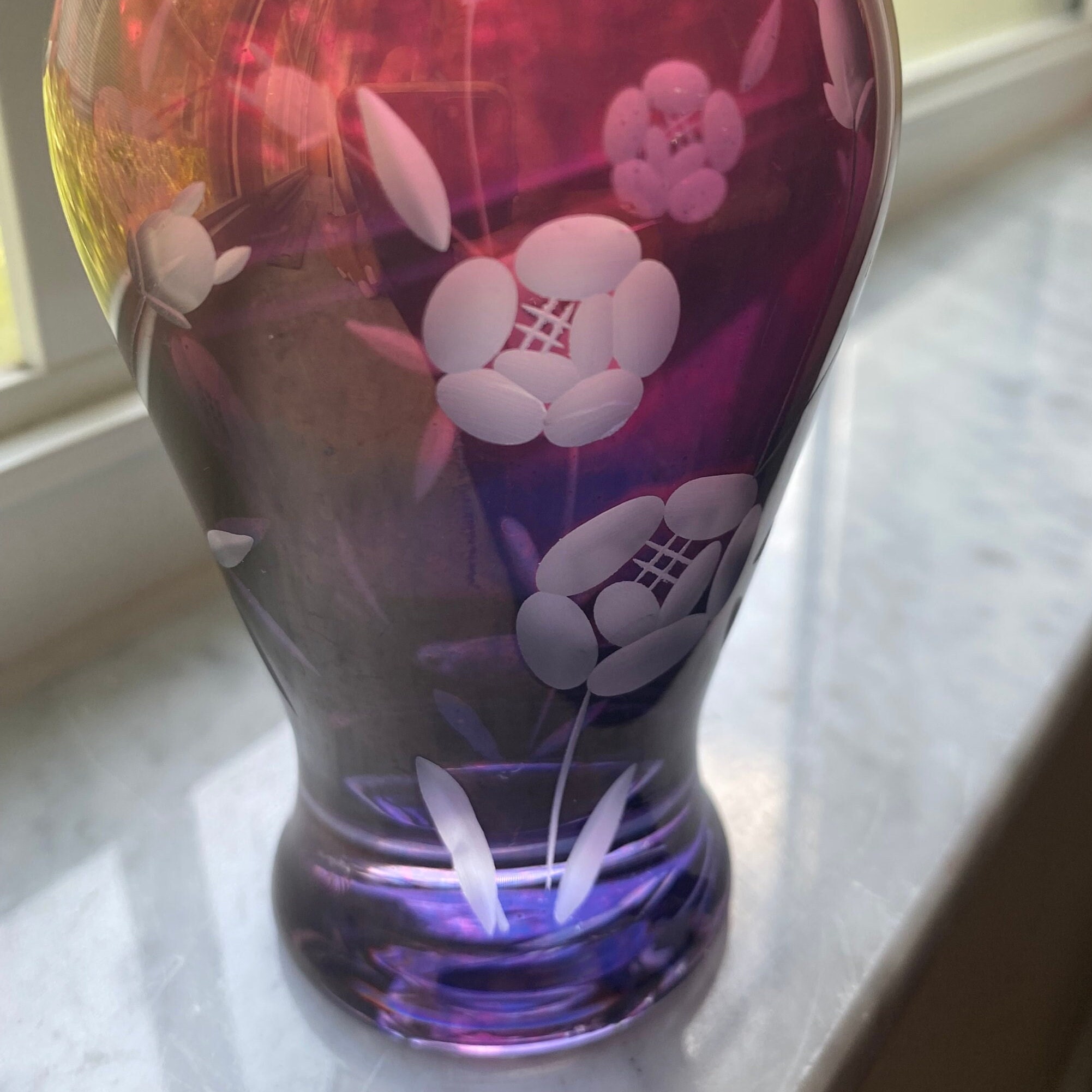 アメジストアートガラスエッチングフラワーデザイン6インチ