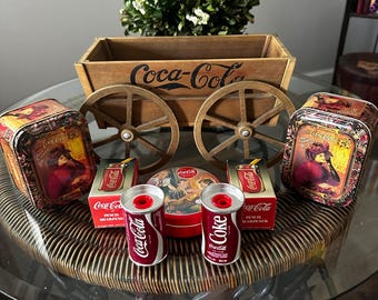 Vintage Coca-Cola Wooden Wagon with Accessories (3 small Tins & 2 Pencil sharpeners 6 Pc Set