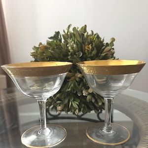 Tiffin-Franciscan Champagne/Tall Sherbet Gold Rim Rambler Rose Clear Blown glass Pair 1930-1960&#39;s