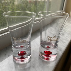 Pair of Di Amore Fluted Clear Shot Glasses with Red Ball