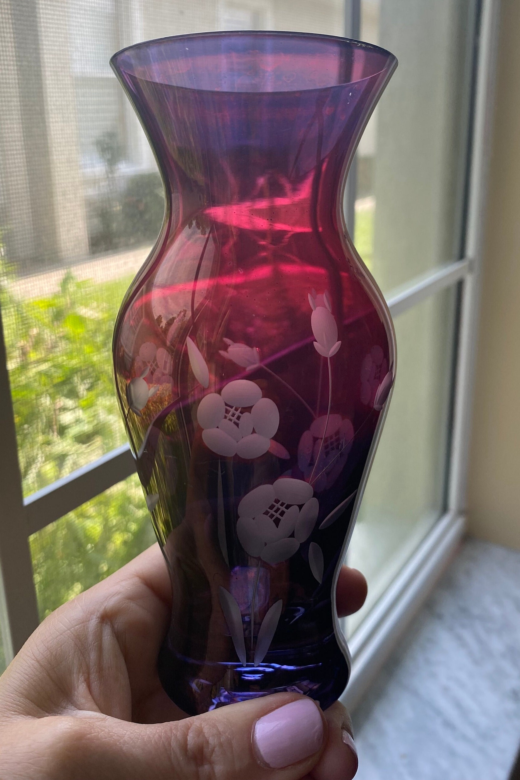 アメジストアートガラスエッチングフラワーデザイン6インチ