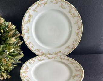 Juego de platos Haviland Limoges Francia, 2 piezas, rosas rosas y guirnalda verde, modelo Schleiger n.° 346, c. 1903.