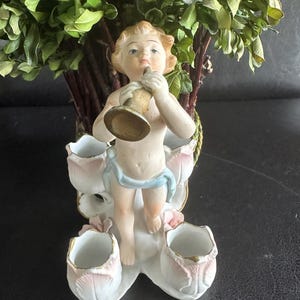 Vintage Bisque Angel Boy with French Horn Candle Holder Figurine 1930's