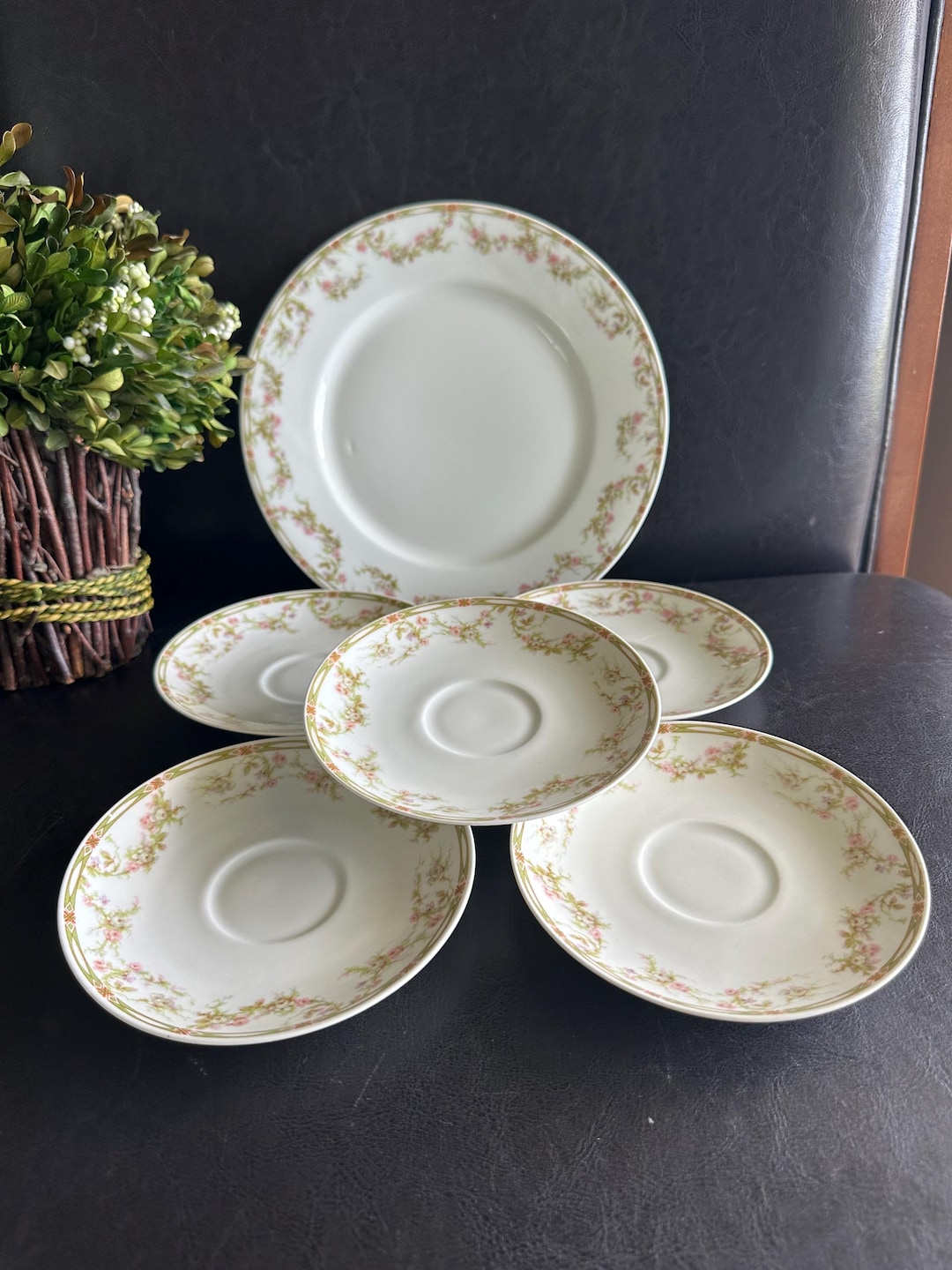 A&C13239 薔薇や春の花のコンポート Limoges GD&C フランス製 Antique Haviland Limoges Plate Set | 6pc Pink Roses & Green