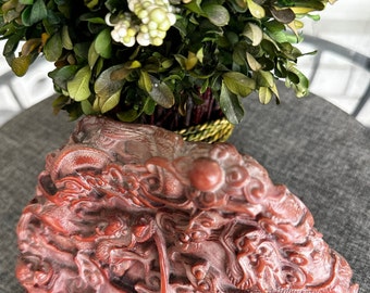 Vintage Chinese Red Faux Cinnabar Carved Lacquer Dragon Ornate