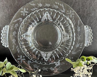 Vintage Paden City Nerva Footed Platter Crystal Clear Art Deco Glass Serving Piece Handles 1930s Depression Elegant Dinnerware