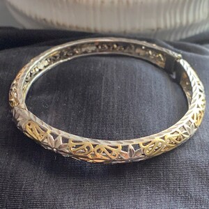 Vintage 925 Sterling Silver Open Cut Floral Design 2 Tone Bangle Bracelet