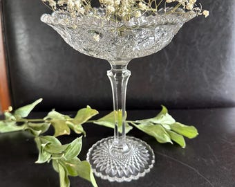 Vintage Pattern Clear Glass Compote Dish Pinwheel Starburst Pedestal Bowl 1960s to 1970s