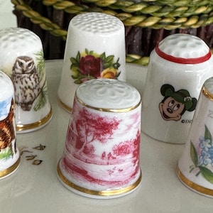 Op de afbeelding: Een verzameling van tien porseleinen vingerhoedjes met verschillende ontwerpen. De vingerhoedjes hebben een verscheidenheid aan ontwerpen, waaronder een rood-wit bloemenpatroon, een rood-wit boslandschap, een Mickey Mouse-ontwerp, een blauw-wit bloemenpatroon en een bruin-wit uilontwerp.