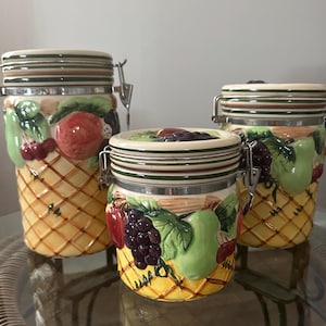 Vintage Ceramic Hair Tight Lidded Canister Set Fruit Motif by Gourment Home Accents