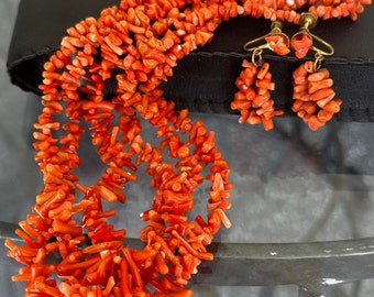 Triple-Strand Salmon Pink Branch Coral Necklace and Screw-Back Earrings Set, Repousse Clasp c. 1930s-1950s