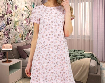 Soft pastel colour natural cotton jersey nightdress for women, floral print, short sleeves, relaxed fitting, above knee tunic nightshirt.