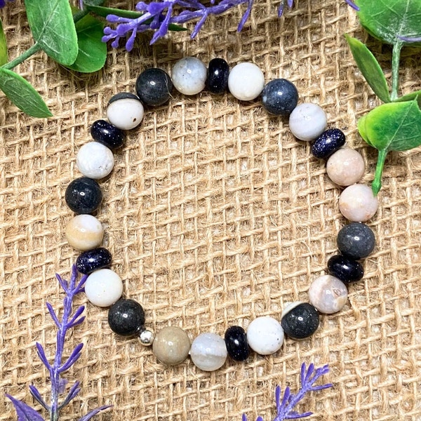 Dendritic Agate & Blue Goldstone | 8 mm Bracelet | Intuition | Uplifting | Protective |