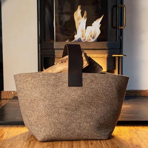 Designer Felt Firewood Basket [40L] - Wool Felt Firewood Basket with Genuine Leather Handle - Log Basket Firewood Holder Log Carrier