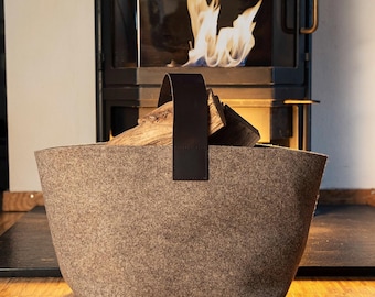 Panier à bûches en feutre design [40 L] - Panier à bûches en feutre de laine avec poignée en cuir véritable - Porte-bûches