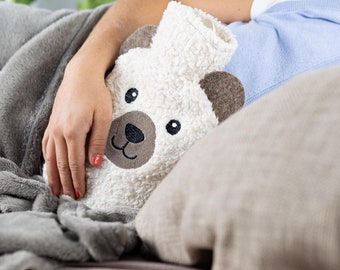 Cuddly animal hot water bottle made of extra soft organic cotton with hand-embroidered motif - Cute hot water bottle for women & children - 4 animal motifs
