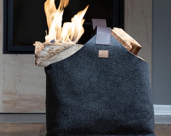 Felt Firewood Basket [60 L] Firewood Basket made from upcycled rPET felt Felt basket for firewood with leather handles and top pockets