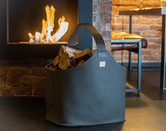 Felt log basket for firewood [60 L] Firewood basket made from upcycled rPET felt Felt basket for firewood with leather handle and pockets (truffle grey)