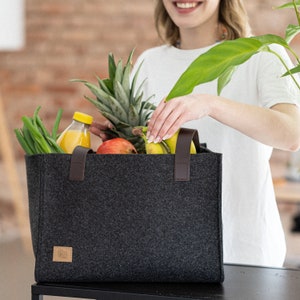 Einkaufstasche Filz, Filztasche Filzshopper mit Echtleder Henkeln aus upcycling rPET Filz, Markttasche, Geschenk für Frauen (Anthrazit)