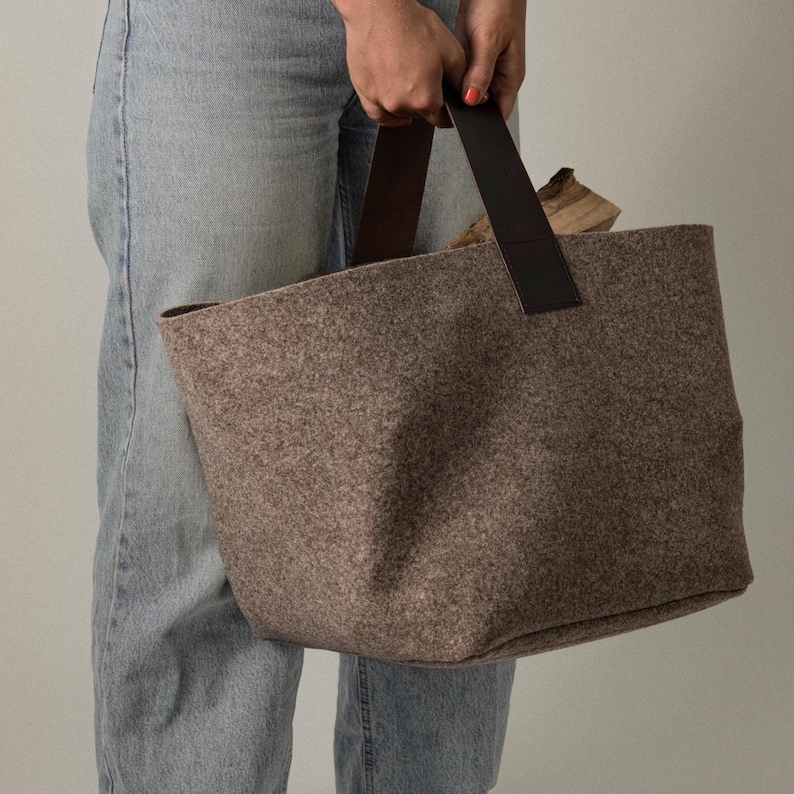 Designer Felt Firewood Basket [40L] - Wool Felt Firewood Basket with Genuine Leather Handle - Log Basket Firewood Holder Log Carrier image 6