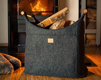Felt wood basket for firewood large [40 L] with real wood handles (oak) and leather base Firewood basket sturdy made of recycled felt