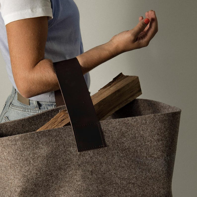 Designer Felt Firewood Basket [40L] - Wool Felt Firewood Basket with Genuine Leather Handle - Log Basket Firewood Holder Log Carrier image 7