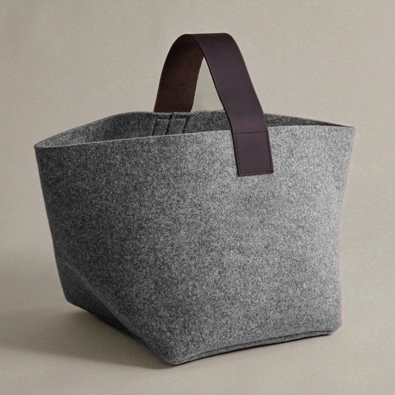 Designer Felt Firewood Basket [40L] - Wool Felt Firewood Basket with Genuine Leather Handle - Log Basket Firewood Holder Log Carrier Hellgrau