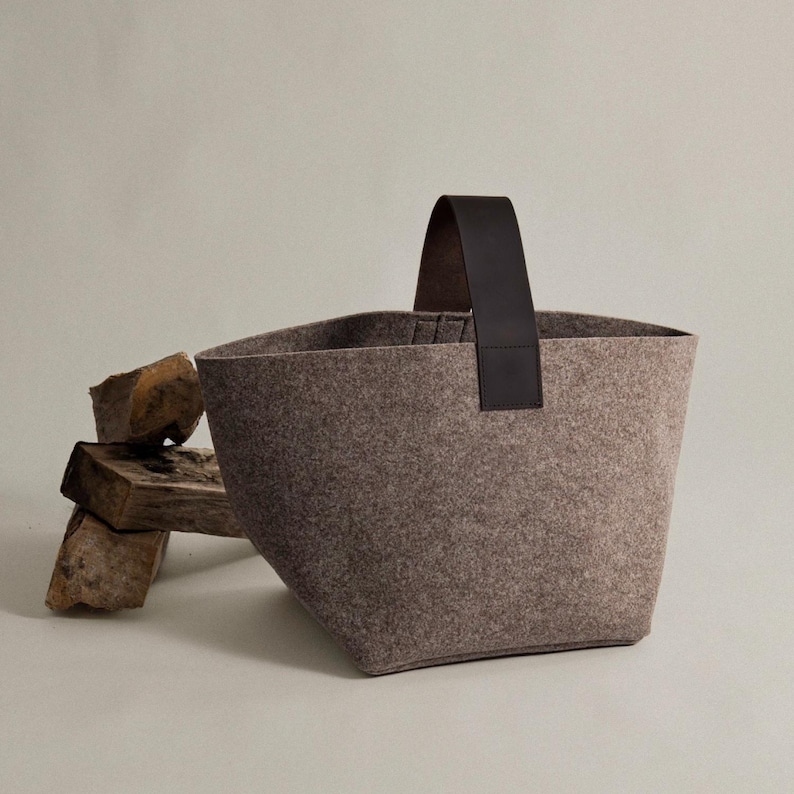 Designer Felt Firewood Basket [40L] - Wool Felt Firewood Basket with Genuine Leather Handle - Log Basket Firewood Holder Log Carrier image 2