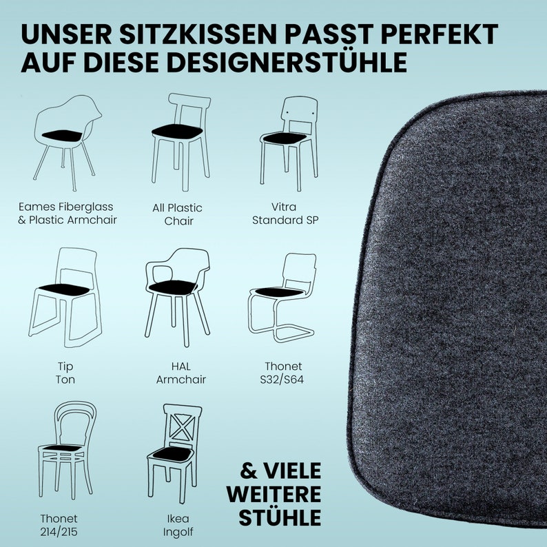 Sitzkissen Filz Eckig rutschfest aus Recycling Filz Stuhlkissen für Vitra Eames, All Plastic, HAY, HAL, Tip Ton & weitere Designerstühle zdjęcie 2