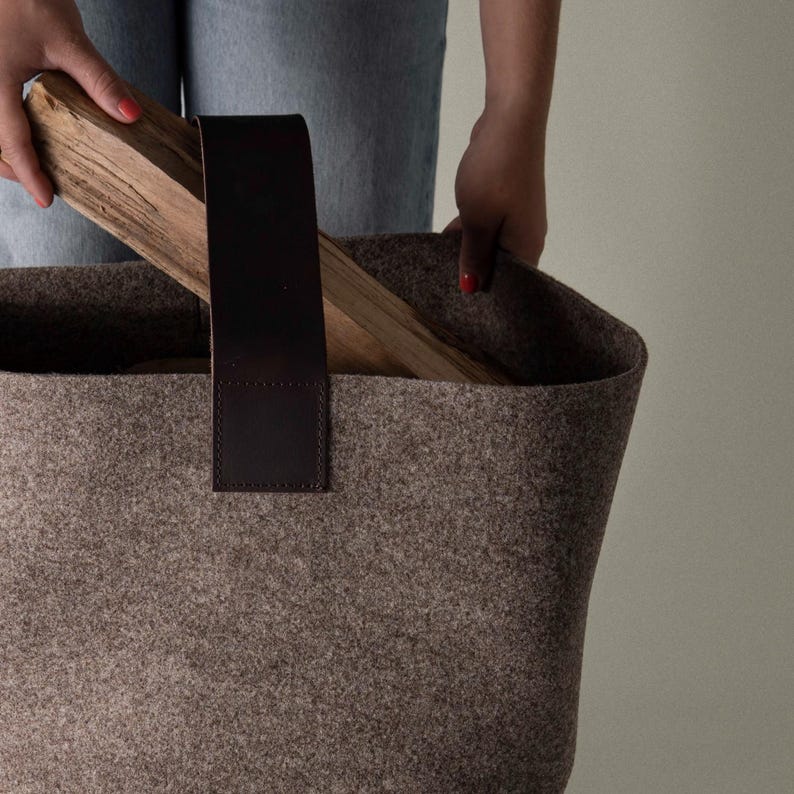Designer Felt Firewood Basket [40L] - Wool Felt Firewood Basket with Genuine Leather Handle - Log Basket Firewood Holder Log Carrier image 8