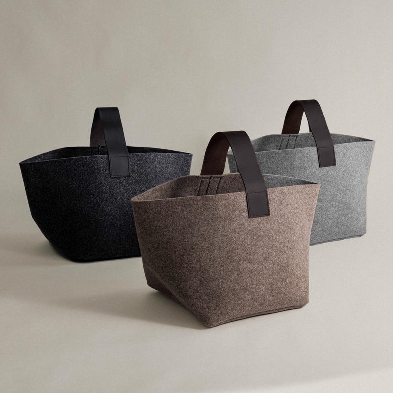 Designer Felt Firewood Basket [40L] - Wool Felt Firewood Basket with Genuine Leather Handle - Log Basket Firewood Holder Log Carrier image 4