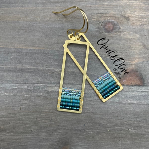 Demi Hand beaded earrings on brass rectangle frames