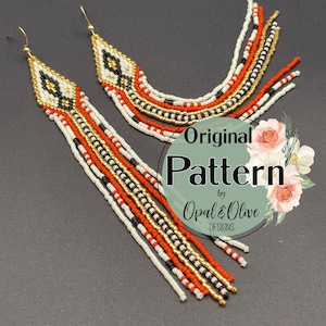 May include: A pair of long, beaded earrings with a geometric design in shades of red, white, black, and gold. The earrings are hanging from gold hooks. The image also includes a beaded necklace with a similar design.