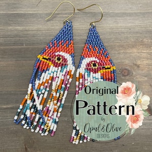 May include: A pair of colorful beaded earrings with a geometric design. The earrings are made with a variety of beads, including blue, red, orange, white, and gold. The earrings are hanging from gold hooks. The image also includes a text overlay that says "Original Pattern by Opal & Olive Designs".