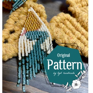 May include: Handmade beaded earrings with a triangular design. The earrings feature gold, white, teal, and black beads, with a fringe. The text "Original Pattern by tyd handmade" is visible.