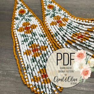 May include: A pair of long, beaded earrings with a geometric pattern in shades of white, gold, green, and orange. The earrings are made with seed beads and have a fringe-like design. The image includes the text "PDF DOWNLOAD OF ORIGINAL PATTERN BY Opal & Olive DESIGNS".
