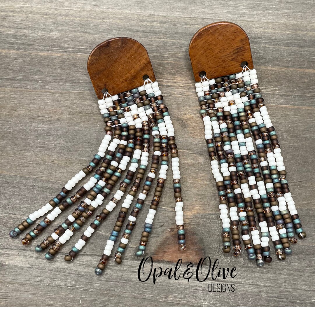 Dixie Beaded Fringe Earrings on Wood Connector Posts - Etsy