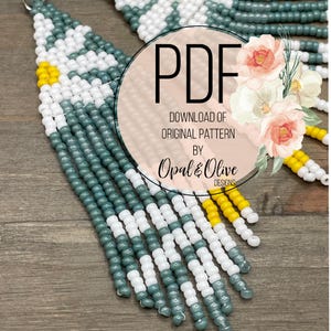 May include: A PDF download for a beaded earring pattern. The pattern features a geometric design with white, gray, and yellow beads. The text on the image reads "PDF Download of Original Pattern by Opal & Olive Designs".