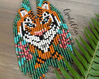 Tigris, hand beaded fringe earrings