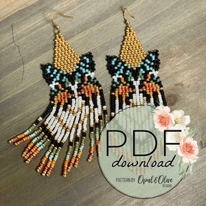 May include: Handmade beaded earrings with a gold triangle top and a butterfly wing design in black, white, orange, and turquoise. The earrings have a fringe of beads. The image includes the text "PDF download" and "Pattern by Opal & Olive Designs."