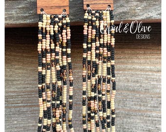 Leopard Dixie beaded fringe earrings on wood connector posts