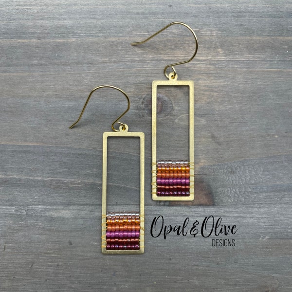 Demi Hand beaded earrings on brass rectangle frames