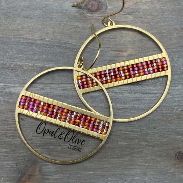 Harper hand beaded earrings on brass circle frames