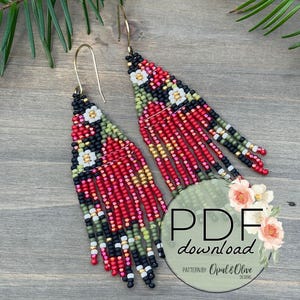 May include: A pair of beaded earrings with a triangular fringe design. The earrings feature red, black, green, and gold beads, with white floral accents. The earrings have gold-coloured ear wires. The image also includes the text "PDF download" and "PATTERN BY Opal & Olive DESIGNS."