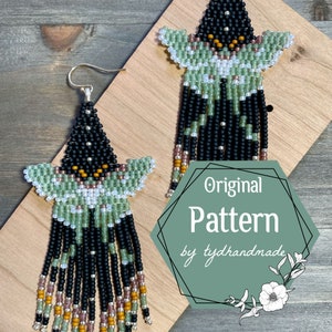 Luna Moth fringe earrings original pattern by Opal and Olive Designs