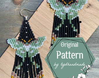 Luna Moth fringe earrings original pattern by Opal and Olive Designs