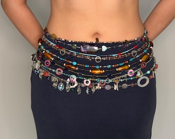 PERLENGÜRTEL | Handgemachte Silber Sand Blau Statement Taille Kette und Wrap Halskette
