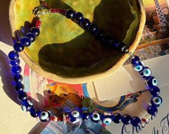 Evil Eye 10 mm Perlenkette, Handbemaltes Blaues Glas Statement