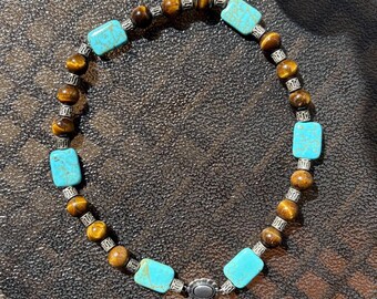 Türkis und Tigerauge Choker, 925er Silber Statement-Verschluss