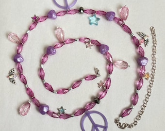 Y2K Bead Gürtel Pink und Lila Peace Zeichen Charms